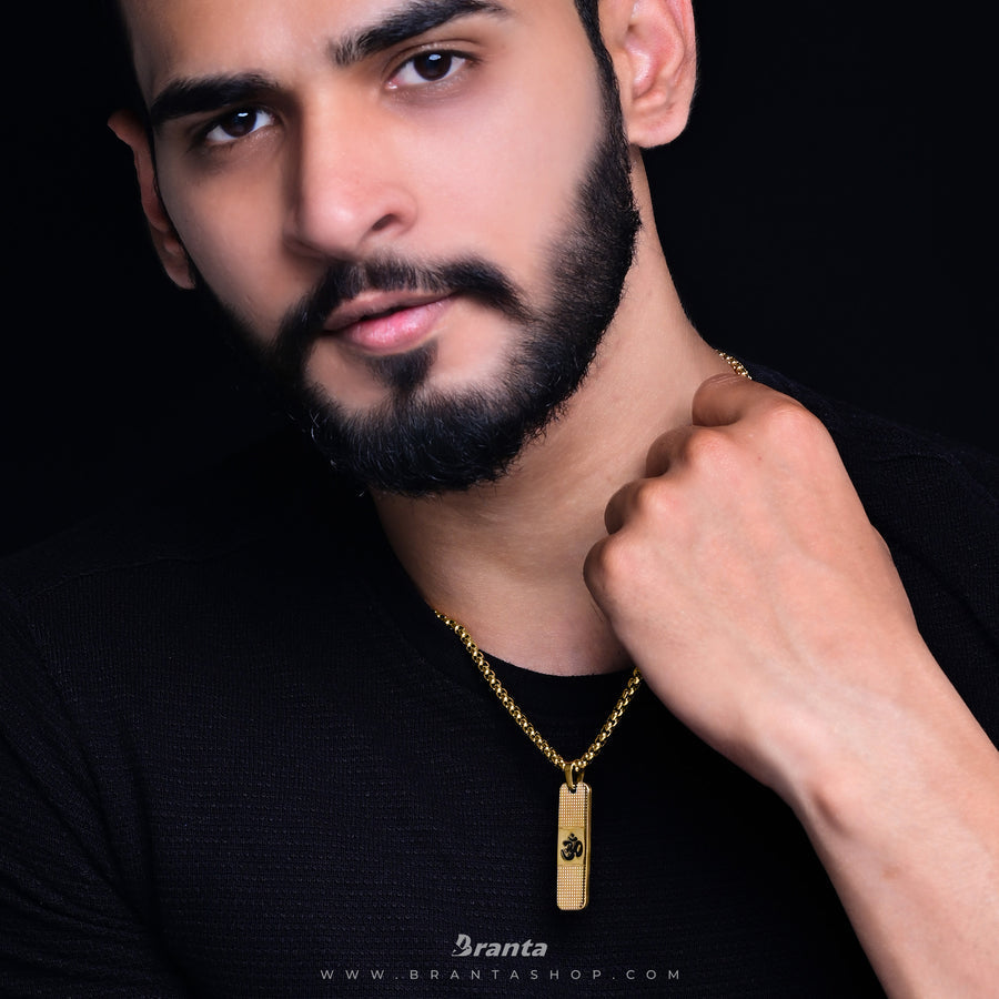Om Pendant With Dotted Pattern Gold Stainless Steel Necklace Chain For Men (24 Inch)