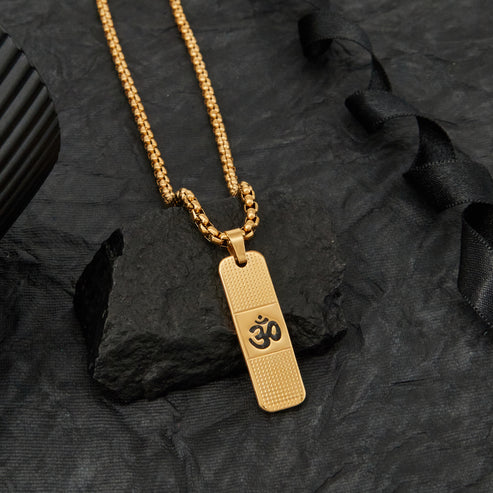 Om Pendant With Dotted Pattern Gold Stainless Steel Necklace Chain For Men (24 Inch)