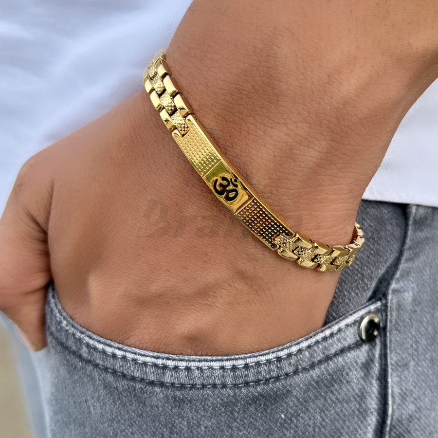 Om  Gold Bracelet For Men With Dotted Pattern (8 Inch)
